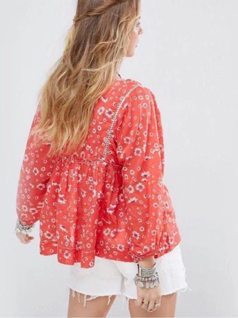 Free People Never A Dull Moment Top Red White Floral V-neck Boxy Small Women’s